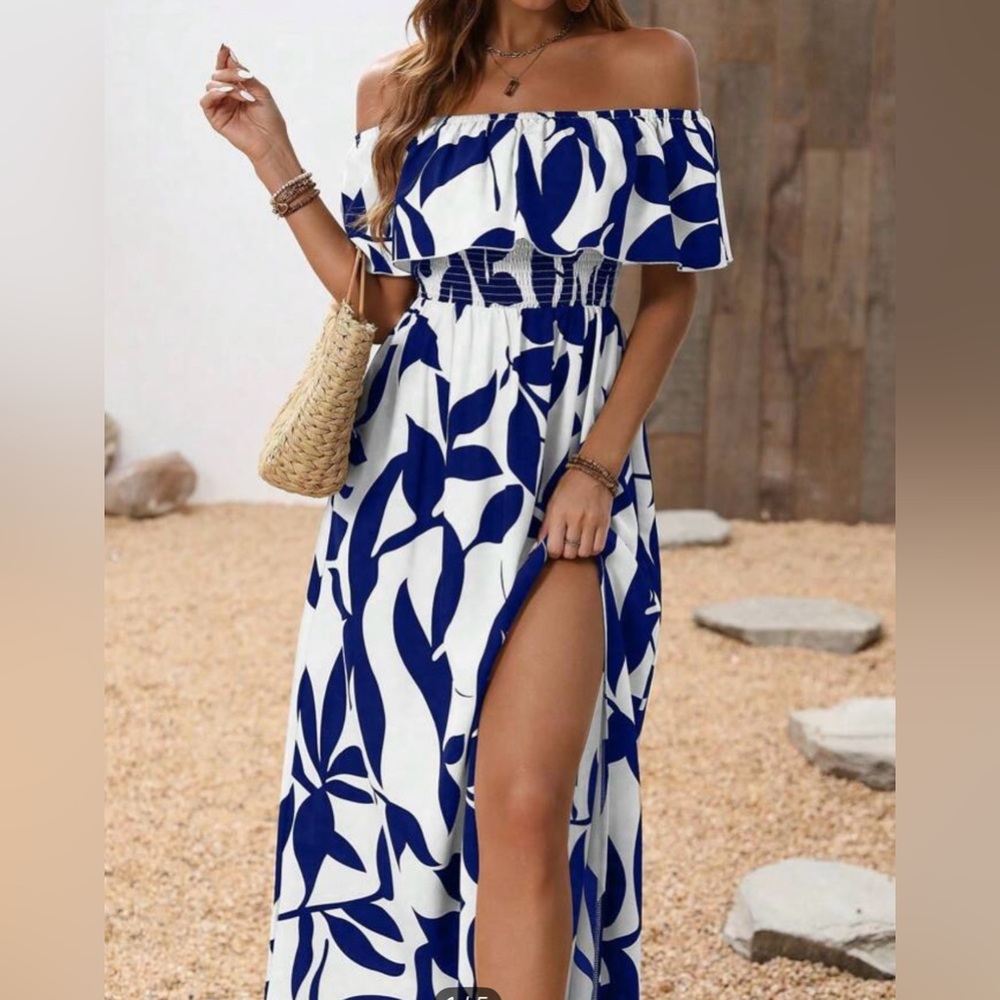New-SHEIN Off-Shoulder Blue and White Maxi Dress in size 2X